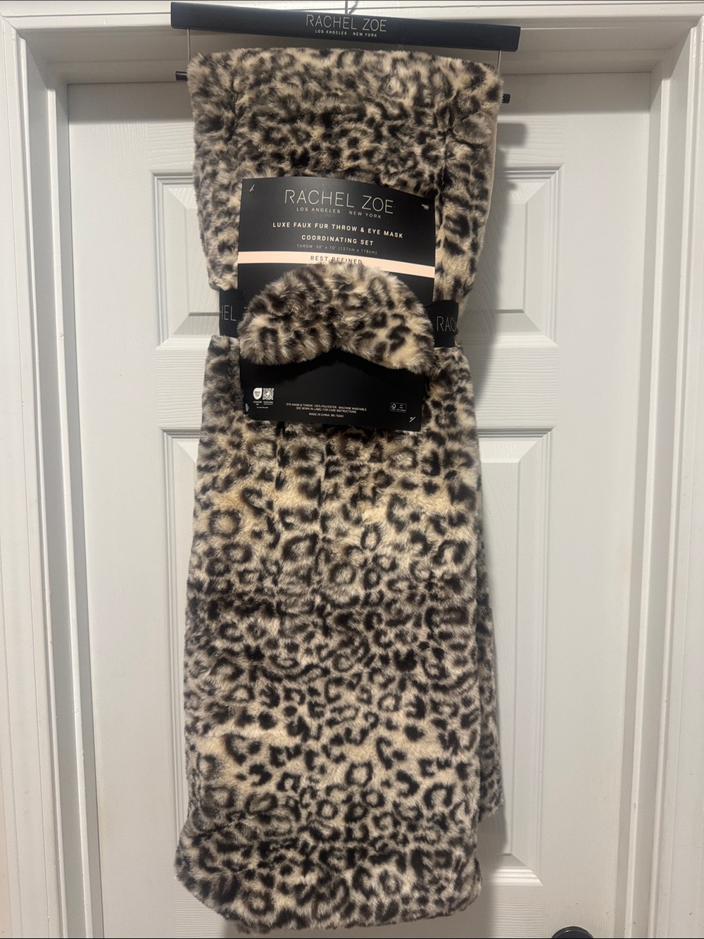 RACHEL ZOE Cheetah Leopard Animal Print Luxe Faux Fur Throw & Eye Mask Set